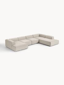 Sofa modułowa z mieszanki lnu Lennon, Tapicerka: 50% wiskoza, 25% len, 15%, Nogi: tworzywo sztuczne Ten pro, Szara mieszanka lnu, S 418 x G 269 cm, prawostronna