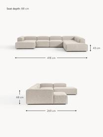 Sofa modułowa z mieszanki lnu Lennon, Tapicerka: 50% wiskoza, 25% len, 15%, Nogi: tworzywo sztuczne Ten pro, Szara mieszanka lnu, S 418 x G 269 cm, prawostronna