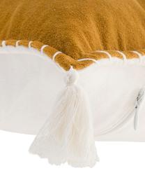 Funda de cojín de terciopelo bordado con borlas Bali, 50% poliéster, 50% algodón, Mostaza, blanco, An 30 x L 50 cm