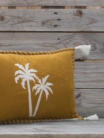 Samt-Kissenhülle Bali mit Palmen-Stickerei und Quasten, 50% Baumwolle, 50% Polyester, Senfgelb, Weiß, 30 x 50 cm