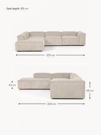 Sofá rinconera modular grande de pana Lennon, Tapizado: pana (92% poliéster, 8% p, Estructura: madera de pino maciza, ma, Patas: plástico Este producto es, Pana beige claro, An 329 x F 269 cm, chaise longue izquierda