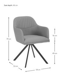 Sedia girevole imbottita in tessuto grigio con braccioli Lola, Rivestimento: poliestere, Gambe: metallo verniciato a polv, Tessuto grigio, gambe nero, Larg. 58 x Prof. 53 cm