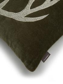 Coussin rectangulaire velours brodé vert olive Antler, Vert olive, blanc, larg. 30 x long. 50 cm