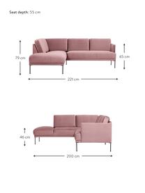 Fluwelen hoekbank Fluente, Bekleding: fluweel (hoogwaardig poly, Frame: massief grenenhout, FSC-g, Poten: gepoedercoat metaal, Fluweel oudroze, B 221 x D 200 cm, hoekdeel links