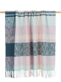 Geruite katoenen plaid Karen met franjes in pasteltinten, 100% katoen, Blauw, B 130 x L 170 cm