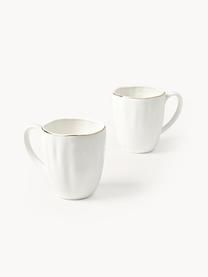 Tazas con relieves Sali, 2 uds., Porcelana esmaltado, Blanco con borde dorado, Ø 9 x Al 10 cm, 350 ml