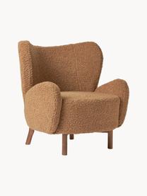 Fauteuil à oreilles en tissu peluche Kalia, Tissu peluche brun clair, bois de hêtre foncé, larg. 78 x prof. 80 cm