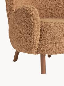 Fauteuil à oreilles en tissu peluche Kalia, Tissu peluche brun clair, bois de hêtre foncé, larg. 78 x prof. 80 cm