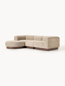 Modulares Sofa Natalie (3-Sitzer) aus Teddy-Bouclé mit Hocker, Bezug: Teddy-Bouclé (100 % Polye, Gestell: mitteldichte Holzfaserpla, Sockel: Massives Buchenholz, lack, Teddy-Bouclé Beige, dunkles Buchenholz, B 283 x T 197 cm