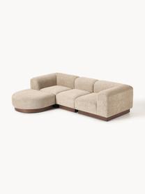 Modulares Sofa Natalie (3-Sitzer) aus Teddy-Bouclé mit Hocker, Bezug: Teddy-Bouclé (100 % Polye, Gestell: mitteldichte Holzfaserpla, Sockel: Massives Buchenholz, lack, Teddy-Bouclé Beige, dunkles Buchenholz, B 283 x T 197 cm