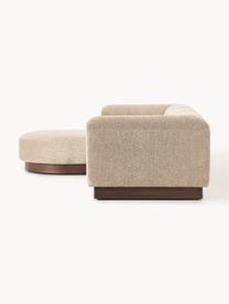 Modulares Sofa Natalie (3-Sitzer) aus Teddy-Bouclé mit Hocker, Bezug: Teddy-Bouclé (100 % Polye, Gestell: mitteldichte Holzfaserpla, Sockel: Massives Buchenholz, lack, Teddy-Bouclé Beige, dunkles Buchenholz, B 283 x T 197 cm