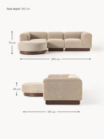 Modulares Sofa Natalie (3-Sitzer) aus Teddy-Bouclé mit Hocker, Bezug: Teddy-Bouclé (100 % Polye, Gestell: mitteldichte Holzfaserpla, Sockel: Massives Buchenholz, lack, Teddy-Bouclé Beige, dunkles Buchenholz, B 283 x T 197 cm