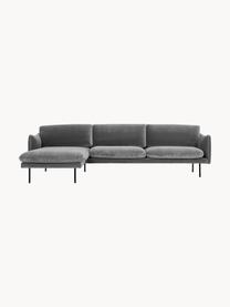 Sofa narożna z aksamitu Moby, Tapicerka: aksamit (wysokiej jakości, Stelaż: lite drewno sosnowe z cer, Nogi: metal malowany proszkowo, Szary aksamit, S 280 x G 160 cm, prawostronna