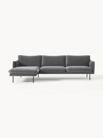 Sofa narożna z aksamitu Moby, Tapicerka: aksamit (wysokiej jakości, Stelaż: lite drewno sosnowe, skle, Nogi: metal malowany proszkowo , Szary aksamit, S 280 x G 160 cm, lewostronna