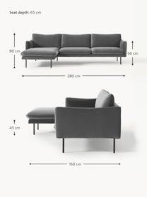 Samt-Ecksofa Moby, Bezug: Samt (Hochwertiger Polyes, Gestell: Massives Kiefernholz, Bir, Füße: Metall, pulverbeschichtet, Samt Grau, B 280 x T 160 cm, Eckteil links