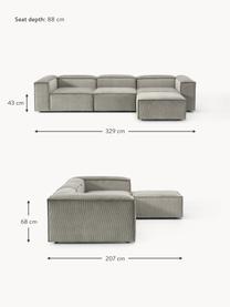 Canapé modulable 4 places en velours côtelé avec pouf Lennon, Velours côtelé gris, larg. 329 x prof. 207 cm