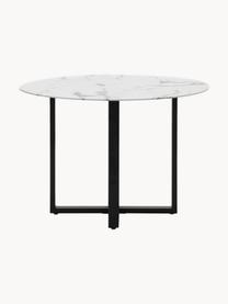 Ronde eettafel Connolly met glazen tafelblad in marmerlook,  Ø 110 cm, Tafelblad: glas, Poten: gecoat metaal, Marmerlook wit, zwart, Ø 110 cm