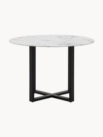 Ronde eettafel Connolly met glazen tafelblad in marmerlook,  Ø 110 cm, Tafelblad: glas, Poten: gecoat metaal, Marmerlook wit, zwart, Ø 110 cm