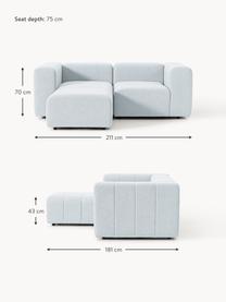 Modulares Bouclé-Sofa Lena (3-Sitzer) mit Hocker, Bezug: Bouclé (93 % Polyester, 6, Gestell: Buchenholz, Spanplatte, H, Bouclé Hellblau, B 211 x T 181 cm