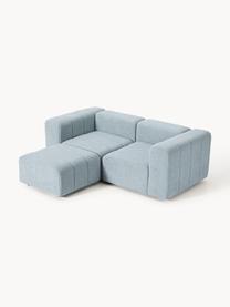 Modulares Bouclé-Sofa Lena (3-Sitzer) mit Hocker (links/rechts), Bezug: Bouclé (93 % Polyester, 6, Gestell: Buchenholz, Spanplatte, H, Füße: Kunststoff, Bouclé Hellblau, B 211 x T 181 cm