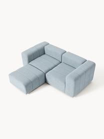 Modulares Bouclé-Sofa Lena (3-Sitzer) mit Hocker (links/rechts), Bezug: Bouclé (93 % Polyester, 6, Gestell: Buchenholz, Spanplatte, H, Füße: Kunststoff, Bouclé Hellblau, B 211 x T 181 cm