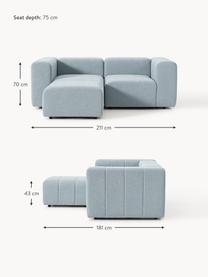 Modulares Bouclé-Sofa Lena (3-Sitzer) mit Hocker (links/rechts), Bezug: Bouclé (93 % Polyester, 6, Gestell: Buchenholz, Spanplatte, H, Füße: Kunststoff, Bouclé Hellblau, B 211 x T 181 cm