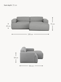 Divano angolare 3 posti Melva, Rivestimento: 100% poliestre Il rivesti, Struttura: pino massiccio, certifica, Tessuto grigio, Larg. 239 x Alt. 143 cm, chaise-longue a destra