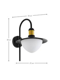 Outdoor wandlamp Sirmione met glazen lampenkap, Lampenkap: opaalglas, Decoratie: gecoat metaal, Zwart, wit, goudkleurig, B 27 cm x H 38 cm