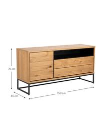 Dressoir Dalarna met lades en eikenhoutfineer, Frame: MDF met wild eikenhoutfin, Poten: gepoedercoat metaal, Wild eikenhout, zwart, 150 x 76 cm