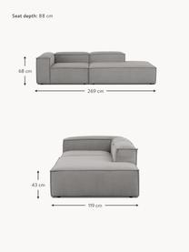 Chaise longue componibile in velluto a coste Lennon, Rivestimento: velluto a coste (92% poli, Struttura: legno di pino massiccio, , Piedini: plastica Questo prodotto , Velluto a coste grigio, Larg. 269 x Prof. 119 cm, schienale a destra