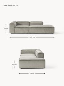 Diván modular de pana Lennon, Tapizado: pana (92% poliéster, 8% p, Estructura: madera de pino maciza, ma, Patas: plástico Este producto es, Pana gris, An 269 x F 119 cm, reposabrazos derecho