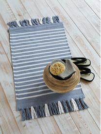 Gestreepte badmat Stripes & Structure met franjes, 100% katoen, Blauw, gebroken wit, B 60 x L 100 cm