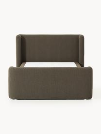 Bouclé-Boxspringbett Perla mit Stauraum, Bezug: Bouclé (71 % Polyacryl, 2, Matratze: 7-Zonen-Taschenfederkernm, Füße: Kunststoff Dieses Produkt, Bouclé Olivgrün, B 140 x L 200, Härtegrad H2