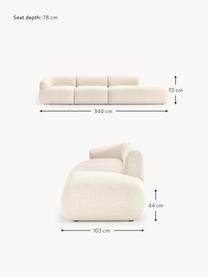 Diván modular grande en tejido bouclé Sofia, Tapizado: tejido bouclé (100% polié, Estructura: madera de abeto, tablero , Patas: plástico Este producto es, Bouclé blanco Off White, An 340 x F 103 cm, módulo esquina izquierda