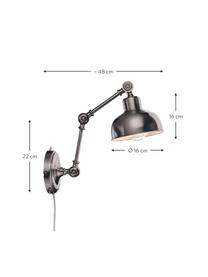 Grosse Verstellbare Retro-Wandleuchte Grimstad mit Stecker, Lampenschirm: Metall, Silberfarben mit Antik-Finish, T 48 x H 22 cm