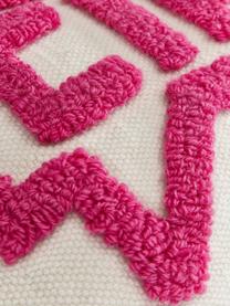 Design kussenhoes Ciao met getufte decoratie, Decoratie: 100 % wol, Crèmewit, roze, B 30 x L 50 cm