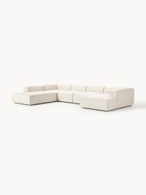 Sofa modułowa z mieszanki lnu Lennon, Tapicerka: 50% wiskoza, 25% len, 15%, Nogi: tworzywo sztuczne Ten pro, Beżowa mieszanka lnu, S 418 x G 269 cm, lewostronna