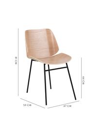 Houten stoelen Aks, 2 stuks, Zitvlak: gelakt eikenhoutfineer, Poten: gepoedercoat metaal, Eikenhoutkleurig, zwart, B 59 x D 47 cm