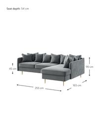 Sofá rinconera de terciopelo Esme (4 plazas), Tapizado: 100% terciopelo de poliés, Asiento: muelles ondulados, espuma, Estructura: madera dura, madera bland, Patas: metal recubierto, Terciopelo gris oscuro, An 255 x F 165 cm, chaise longue izquierda