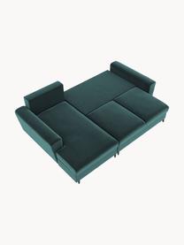 Sofá rinconera cama de terciopelo Moghan (3 plazas), con espacio de almacenamiento, Tapizado: terciopelo de poliéster A, Estructura: madera de pino maciza, ma, Patas: metal pintado, Terciopelo azul petróleo, patas negro, An 241 x F 145 cm, chaise longue izquierda