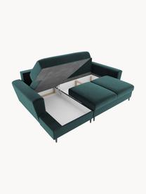 Fluwelen hoekbank Moghan (3-zits) met slaapfunctie en opbergruimte, Bekleding: polyester fluweel Met 50., Frame: massief grenen, triplex, , Poten: metaal, gelakt, Fluweel petrol, B 241 x D 145 cm, hoekdeel links