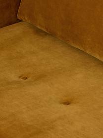 Sofa narożna z aksamitu z nogami z drewna dębowego Saint (3-osobowa), Tapicerka: aksamit (poliester) Dzięk, Musztardowy aksamit, S 243 x G 220 cm