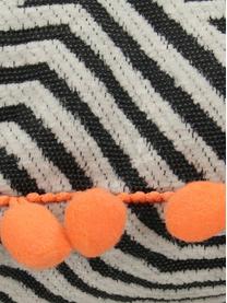 Coussin avec pompons oranges Waves, Noir, blanc cassé, orange