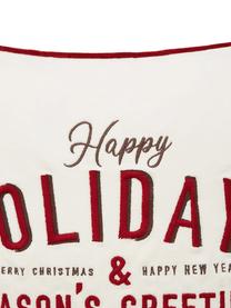 Geborduurde fluwelen kussenhoes Happy Holidays, Katoenfluweel, Wit, rood, 50 x 50 cm