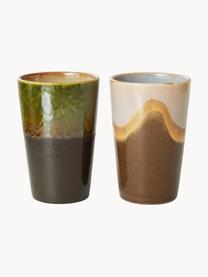 Sada ručně malovaných XL keramických pohárků s reaktivní glazurou 70's, 2 díly, Keramika, Hnědá, béžová, olivově zelená, Ø 9 cm, V 14 cm, 475 ml