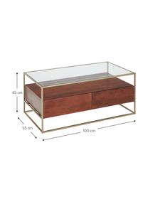Houten salontafel Theodor met lades, Tafelblad: glas, Frame: gepoedercoat metaal, Mangohout, bruin, B 100 x D 55 cm