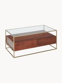 Houten salontafel Theodor met lades, Tafelblad: glas, Frame: gepoedercoat metaal, Mangohout, bruin, B 100 x D 55 cm