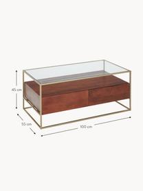 Holz-Couchtisch Theodor mit Schubladen, Tischplatte: Glas, Gestell: Metall, pulverbeschichtet, Mangoholz, Goldfarben, Transparent, B 100 x T 55 cm