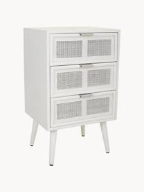 Mesita de noche de madera Cayetana Shelfy, Estructura: tablero de fibras de dens, Patas: madera de bambú pintada, Ratán, blanco, An 42 x Al 71 cm