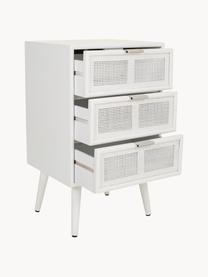 Mesita de noche de madera Cayetana Shelfy, Estructura: tablero de fibras de dens, Patas: madera de bambú pintada, Ratán, blanco, An 42 x Al 71 cm